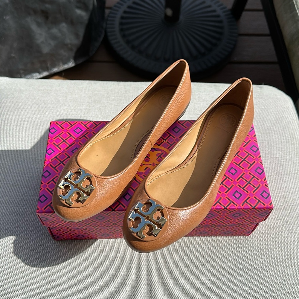 Tory Burch Tan Leather Logo Ballet Flats